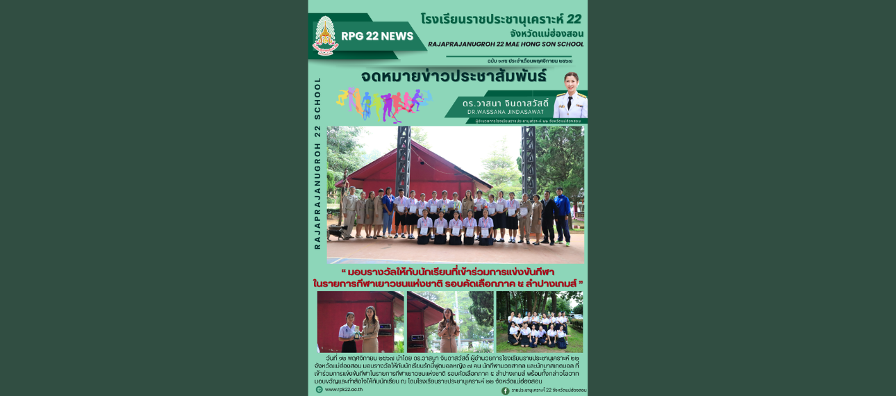 โรงเรียนราชประชานุเคราะห์ 29 จังหวัดแม่ฮ่องสอน มอบรางวัลแก่นักเรียนที่เข้าร่วมแข่งขัน 'กีฬาเยาวชนแห่งชาติ รอบคัดเลือกภาค 5 ลำปางเกมส์'