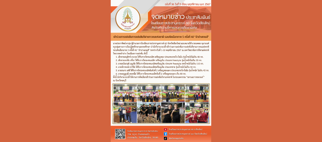 โรงเรียนราชประชานุเคราะห์ 60 จังหวัดเชียงใหม่ เข้าร่วมการแข่งขันกีฬาเยาวชนแห่งชาติ รอบคัดเลือกภาค 5 ครั้งที่ 40 'ลำปางเกมส์'