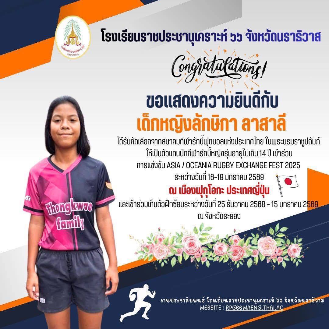 รปค. 66 จังหวัดนราธิวาส เป็นตัวแทนประเทศไทยเข้าร่วมโครงการ ASIA / OCEANIA RUGBY...