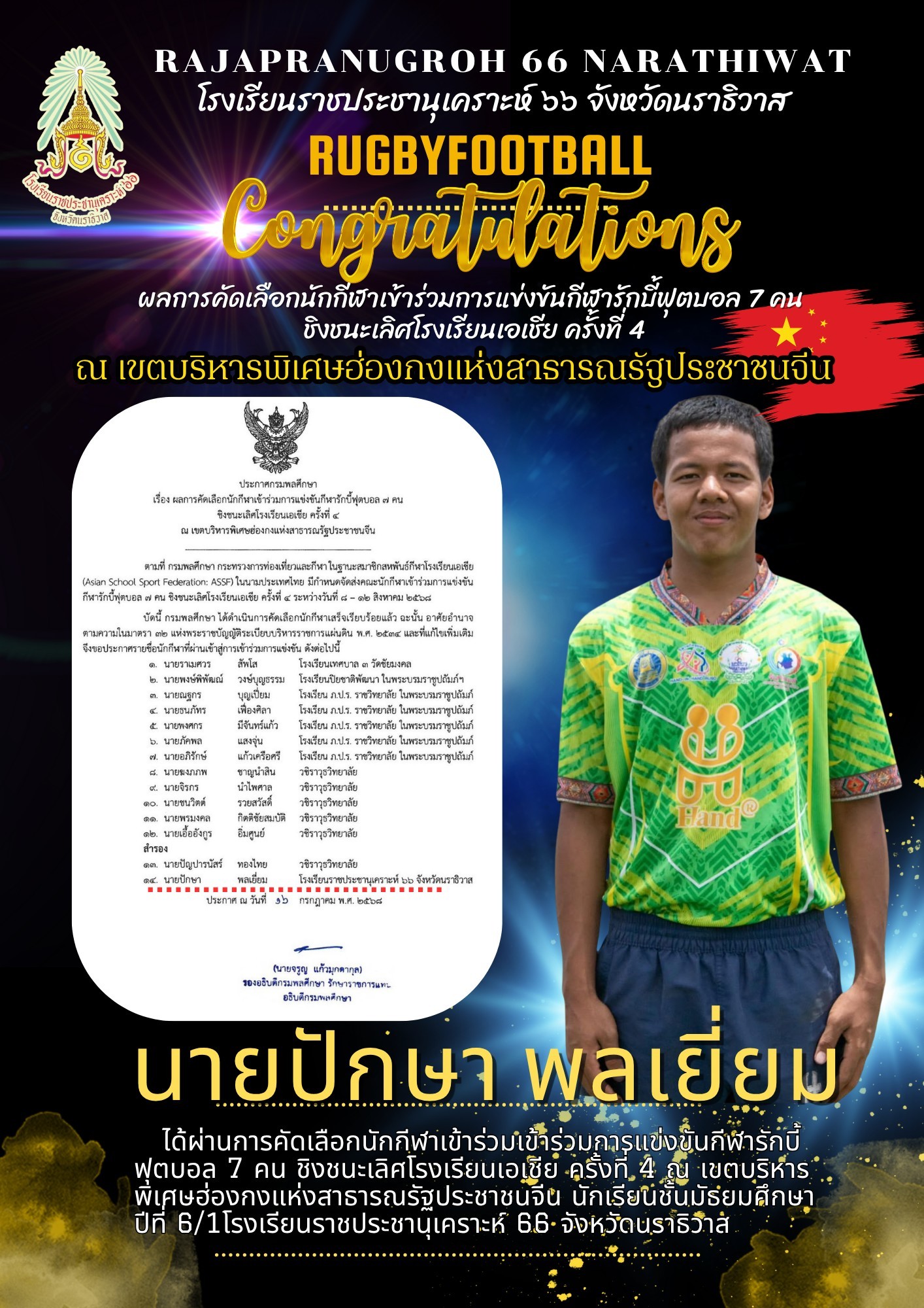นายปักษา พลเยี่ยม โรงเรียนราชประชานุเคราะห์ 66 จังหวัดนราธิวาส ผ่านการคัดเลือกนักกีฬาเข้าร่วมการแข่งขันกีฬารักบี้ฟุตบอล 7 คน ชิงชนะเลิศโรงเรียนเอเชีย ครั้งที่ 4